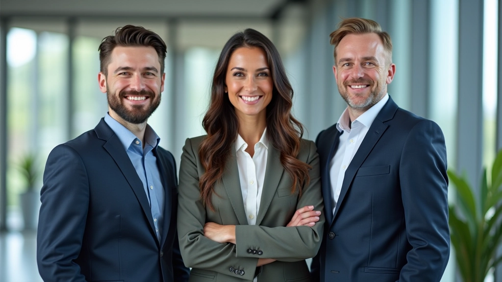 Skupinový portrét tří profesionálů v moderní kancelářské místnosti s přirozeným osvětlením