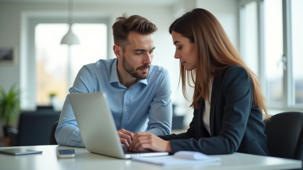 Pracovníci v kancelářském prostředí, muž a žena při spolupráci u počítače, moderní kancelář