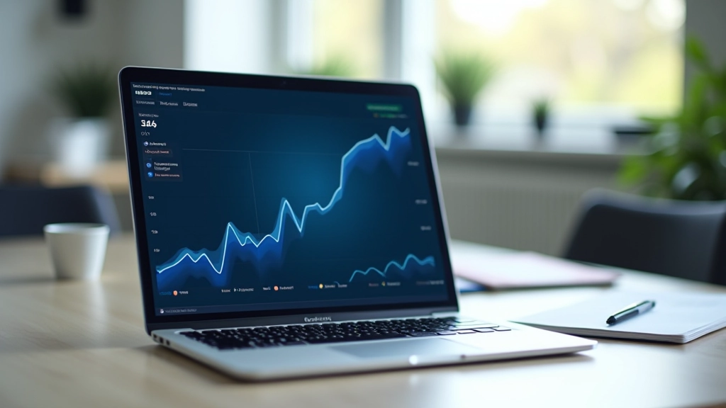 Moderní pracovní prostor s notebookem, digitálním obsahu a grafikou reprezentující budoucnost práce