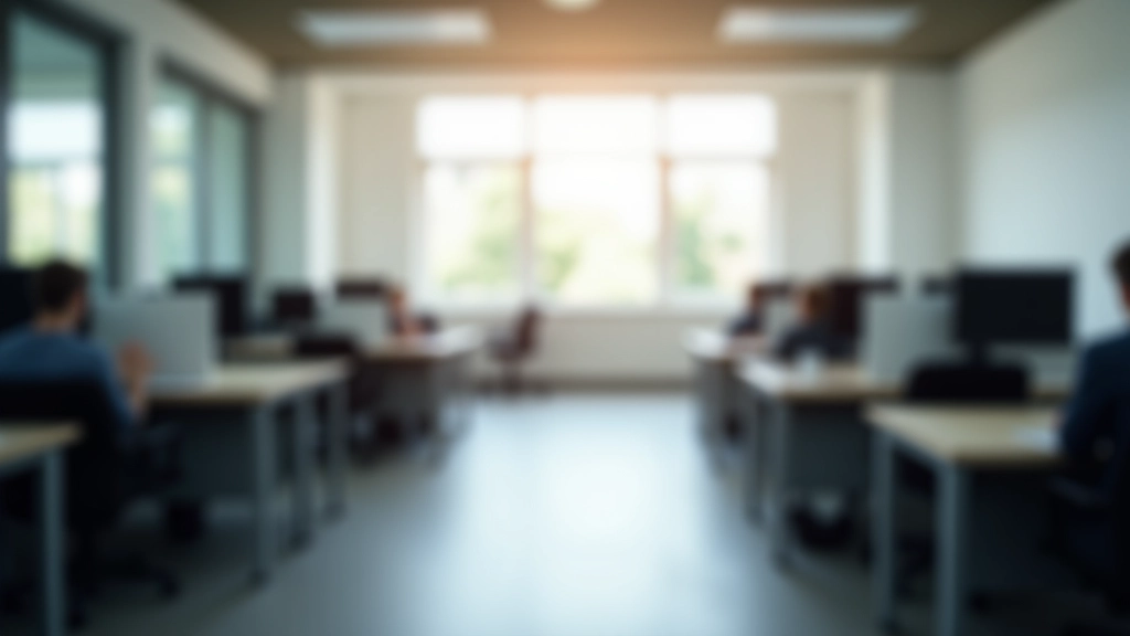 Prázdná kancelářská místnost se stoly a počítači, tichá atmosféra, měkké osvětlení