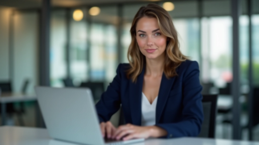 Žena v kostýmu sedí u počítače, horní polovina těla, přirozené osvětlení, moderní kancelář