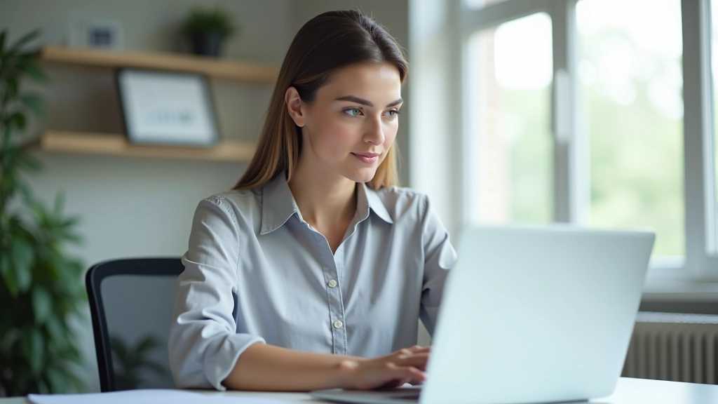 Žena v kanceláři se podívá na notebookový počítač s ekonomickými daty