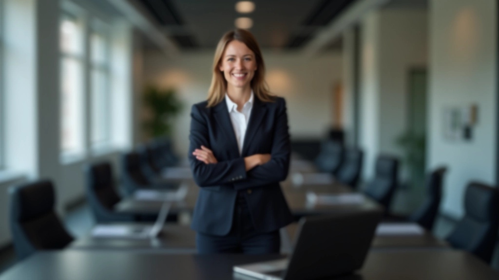 Profesionální portrét ženy ve věku 35 let v tmavém obleku sedící u stolu s notebookem, sebevědomý úsměv, moderní kancelářské prostředí